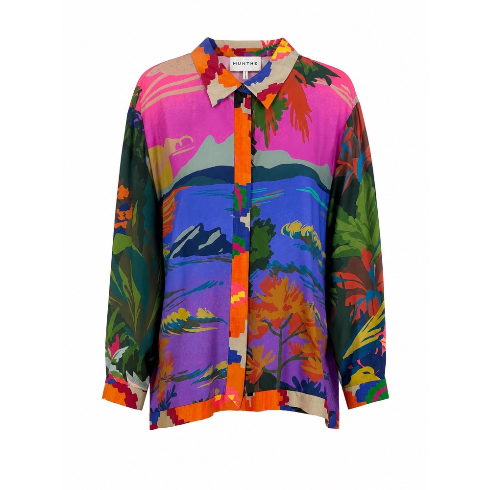 Munthe Silk Oversized Button Front Long Sleeve Landscape Print Blouse Multi 38